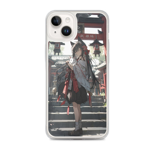 Clear Case for iPhone® / A girl with cat ears wearing a kimono stood in front of a bright red torii gate / Japanese Anime Style