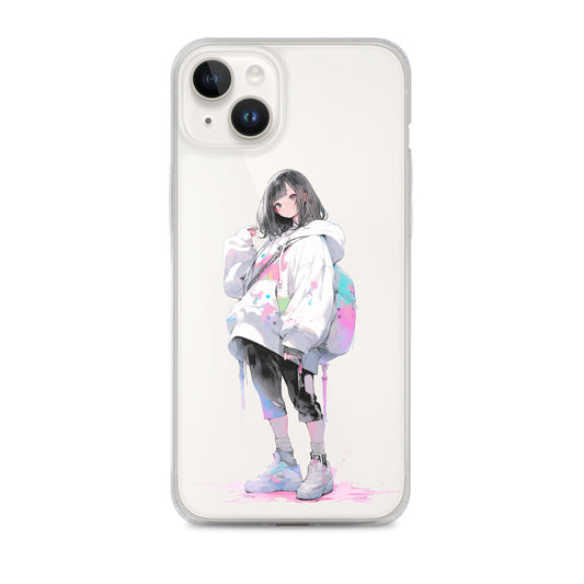 Clear Case for iPhone® / A black-haired woman playing with paints / Japanese Anime Style