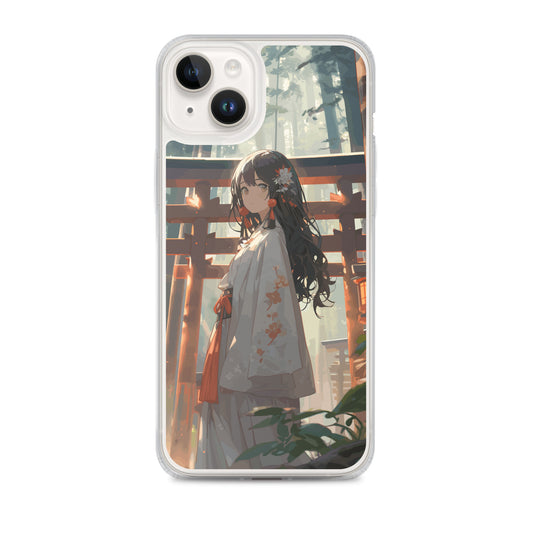 Clear Case for iPhone® / A black-haired girl dressed in a shrine maiden outfit in the forest shrine / Japanese Anime Style