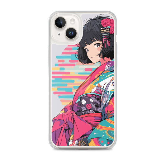 Clear Case for iPhone® / Girl in Kimono with Colorful Background and Black Hair / Japanese Anime Style