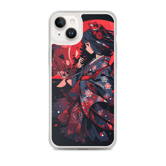 Clear Case for iPhone® / Jet-black and crimson kimono beauty / Japanese Anime Style