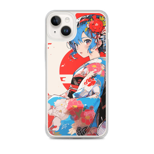 Clear Case for iPhone® / Beautiful woman in blue and red kimono / Japanese Anime Style