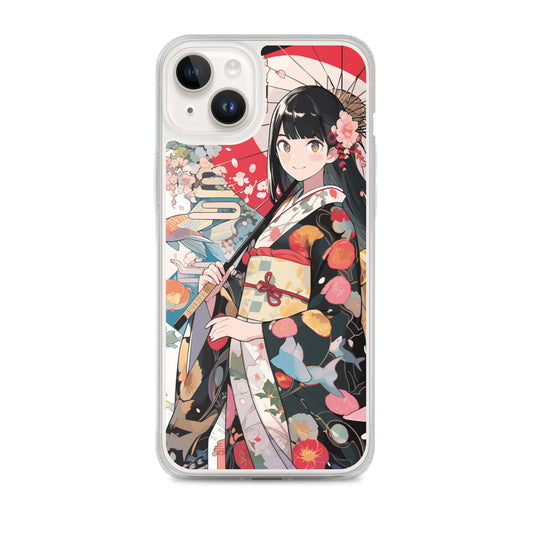Clear Case for iPhone® / Beautiful woman with black hair and wearing a black kimono / Japanese Anime Style