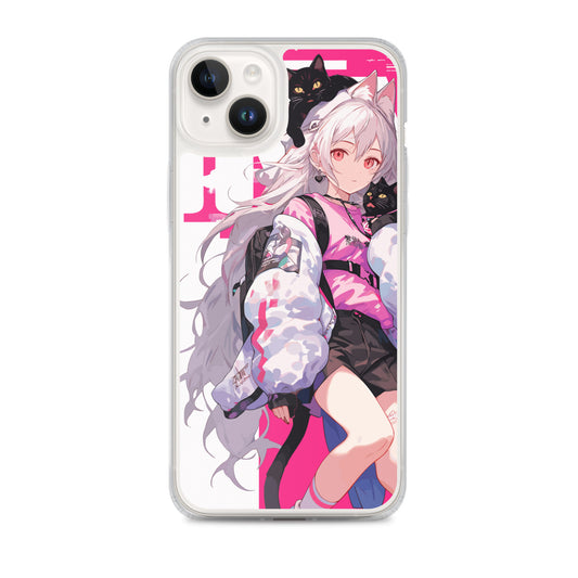 Clear Case for iPhone® / White-haired girl with black cat on her head / Japanese Anime Style