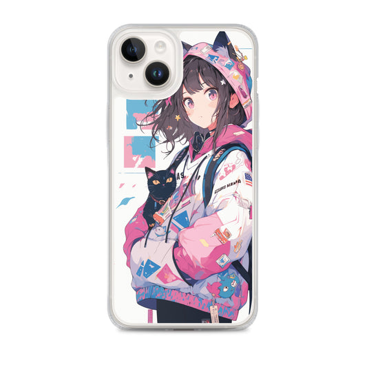 Clear Case for iPhone® / Girl wearing pink hood with cat ears / Japanese Anime Style