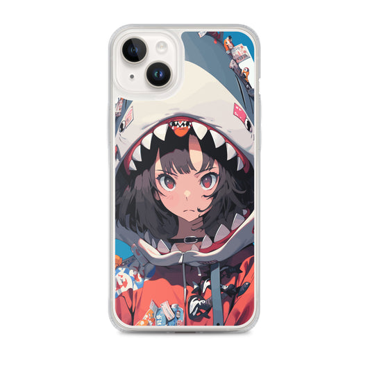 Clear Case for iPhone® / Black-haired girl wearing a shark headdress / Japanese Anime Style