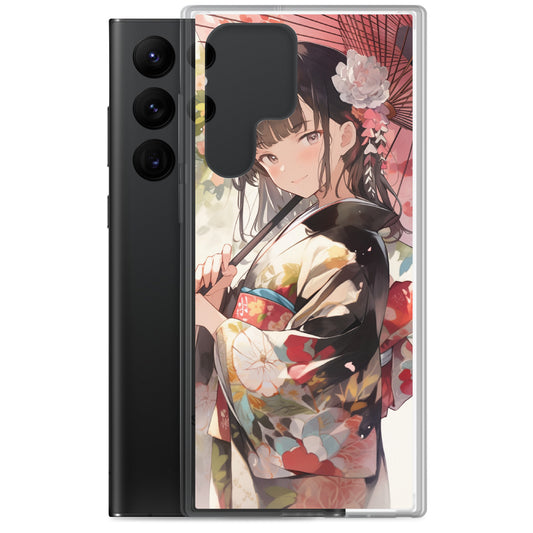 Clear Case for Samsung® / A beautiful woman in a black kimono is holding a floral-patterned umbrella / Japanese Anime Style