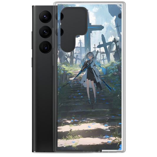 Clear Case for Samsung® / The Black-Haired Swordswoman and the Blue Flowers in the Ruins / Japanese anime style