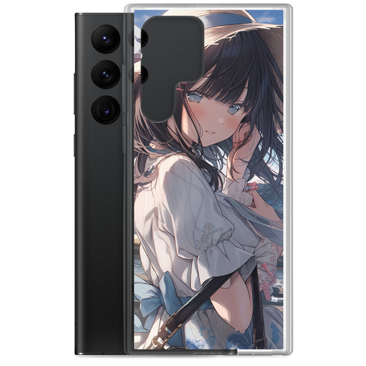 Clear Case for Samsung® / A high school girl wearing a straw hat is feeling the summer breeze with the blue sky and clouds as the backdrop / Japanese anime style