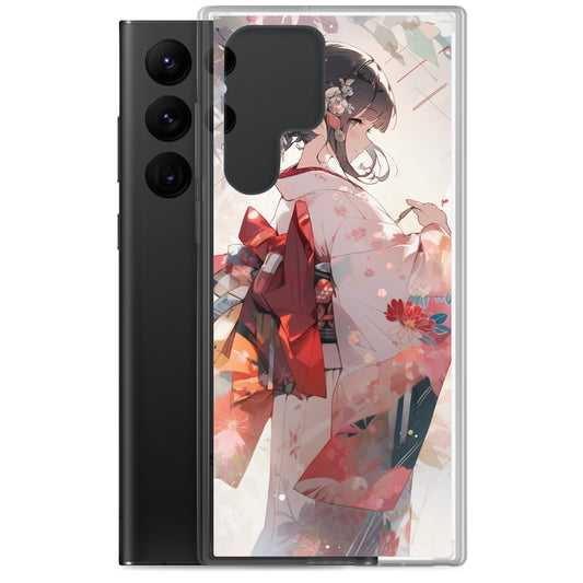 Clear Case for Samsung® / A beautiful woman with black hair stands gracefully in a gorgeous floral-patterned kimono / Japanese Anime Style