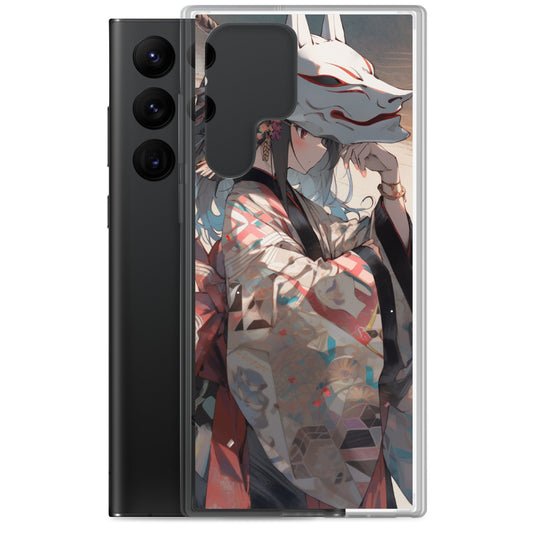 Clear Case for Samsung® / A young girl wearing a traditional Japanese kimono and a fox mask / Japanese Anime Style
