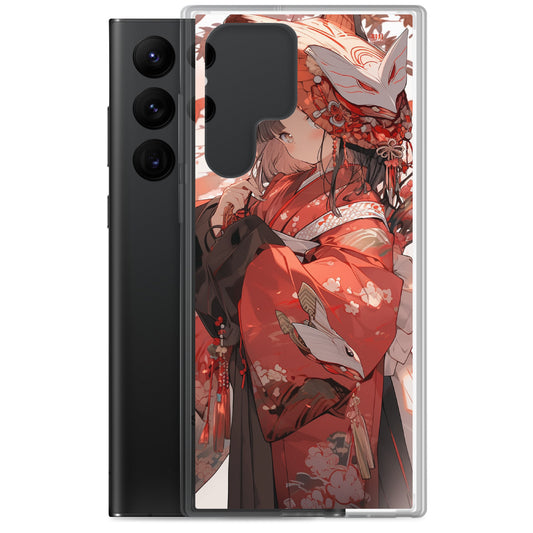 Clear Case for Samsung® / A beautiful woman wearing a crimson kimono and a fox mask / Japanese Anime Style