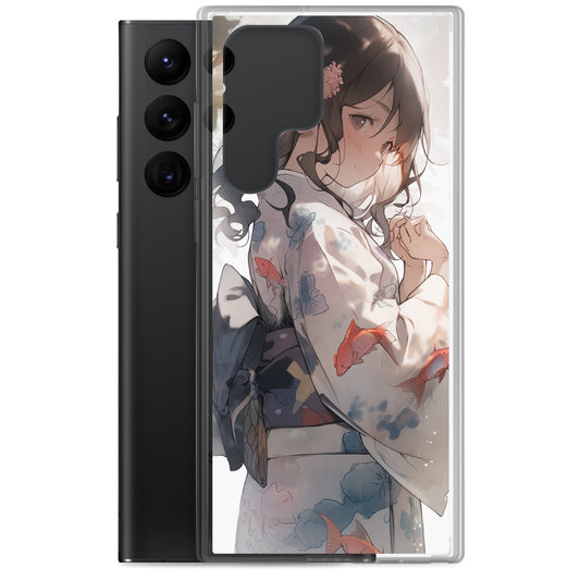 Clear Case for Samsung® / A beautiful woman with black hair wearing a white kimono adorned with goldfish / Japanese Anime Style