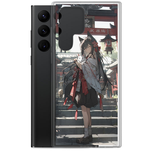 Clear Case for Samsung® / A girl with cat ears wearing a kimono stood in front of a bright red torii gate / Japanese Anime Style