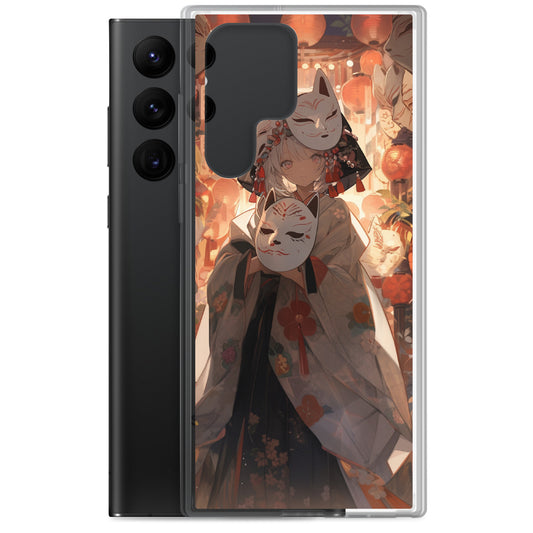 Clear Case for Samsung® / A fantastic world is depicted with a woman wearing a kimono adorned with a fox mask and paper lanterns lit up / Japanese Anime Style