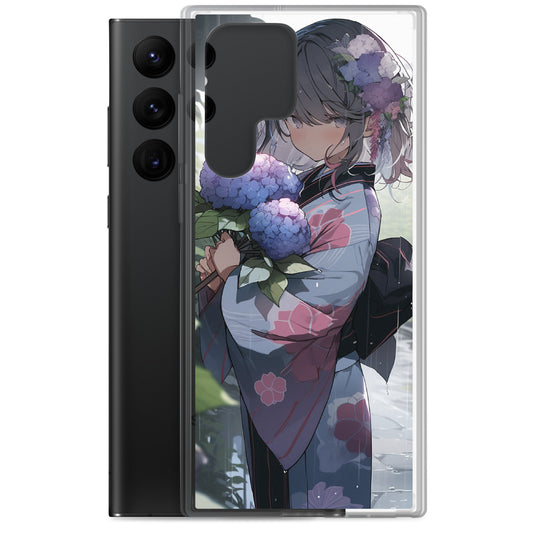 Clear Case for Samsung® / A beautiful woman wearing a kimono stands in the rain holding hydrangea flowers / Japanese Anime Style